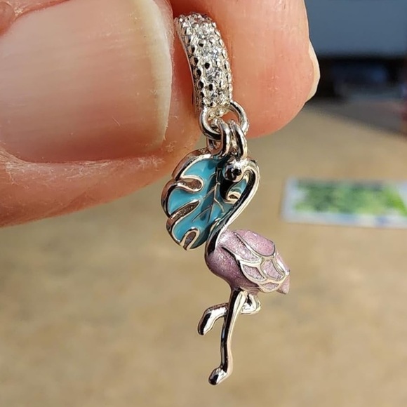 Summer Flamingo with tropical leaf charm sterling silver for Pandora bracelet - Picture 3 of 3